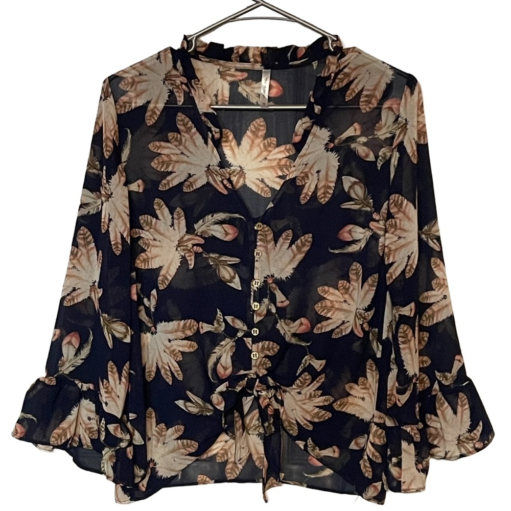🌸 d.n.a Couture Floral Blouse • M • Navy Tie-Front Sheer Romance!